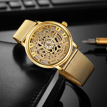 Load image into Gallery viewer, SOXY Luxury Skeleton Men Watch Women Wrist Watches Fashion Montre Homme 2018 Gold Wrist Watch Men Steel Mesh Men&#39;s Watch
