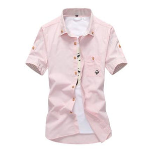 Mushroom Embroidery Mens Short Sleeve Casual Shirts Summer Cotton Shirts