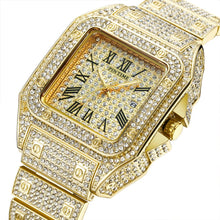 Load image into Gallery viewer, Hip Hop Iced Out Men Watch Square Diamond Quartz Luxury Mens Wrist Watches Gold Roman Calendar Steel Clock Relogio Masculino
