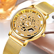 Load image into Gallery viewer, SOXY Luxury Skeleton Men Watch Women Wrist Watches Fashion Montre Homme 2018 Gold Wrist Watch Men Steel Mesh Men&#39;s Watch
