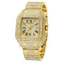 Load image into Gallery viewer, Hip Hop Iced Out Men Watch Square Diamond Quartz Luxury Mens Wrist Watches Gold Roman Calendar Steel Clock Relogio Masculino
